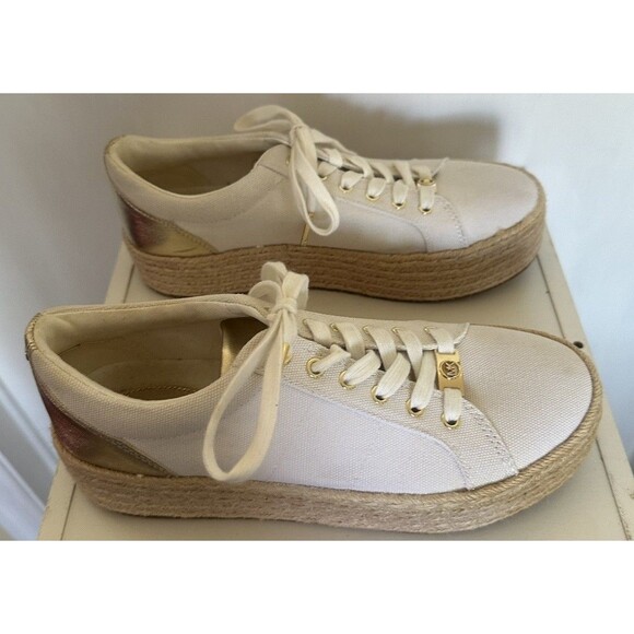 Michael Kors Canvas Espadrille Platform Sneakers Gold Ivory Lace Up 8.5M - Picture 3 of 6